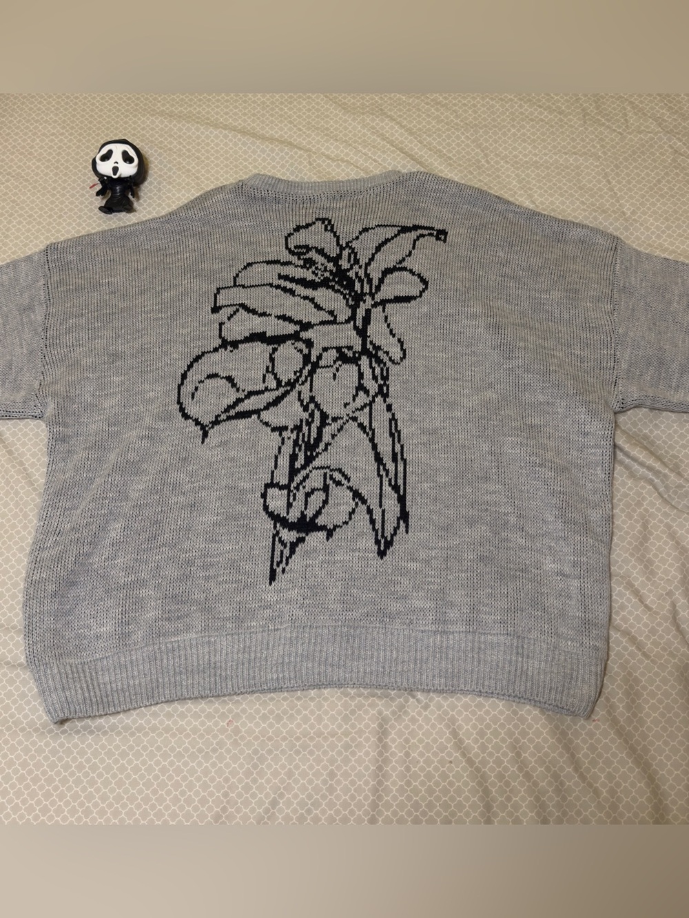 Men's Crewneck Sweater with Black Floral Back Design - Grey